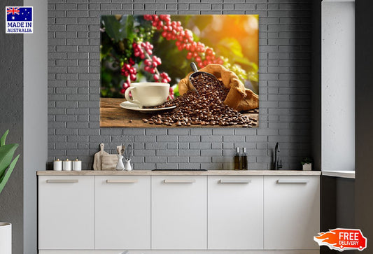 Cup Coffee with Coffee Beans View Print 100% Australian Made Stretched Canvas Ready to Hang - 1782