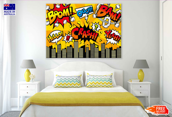 BOOM CRASH HELLO OUCH BAM YEAH Chat Bubbles Illustration Pop Arts & Comic Poster Print 100% Australian Made Stretched Canvas Ready to Hang - 2085