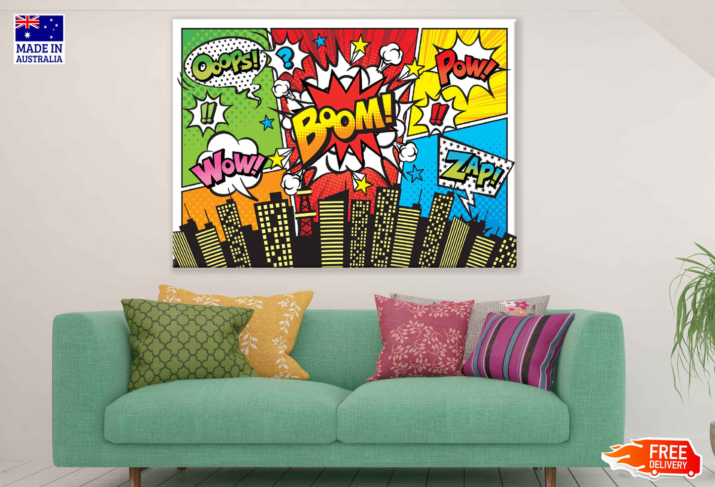 Oops WOW BOOM POW ZAP Quotes & City Illustration Pop Arts & Comic Poster Print 100% Australian Made Stretched Canvas Ready to Hang - 2157