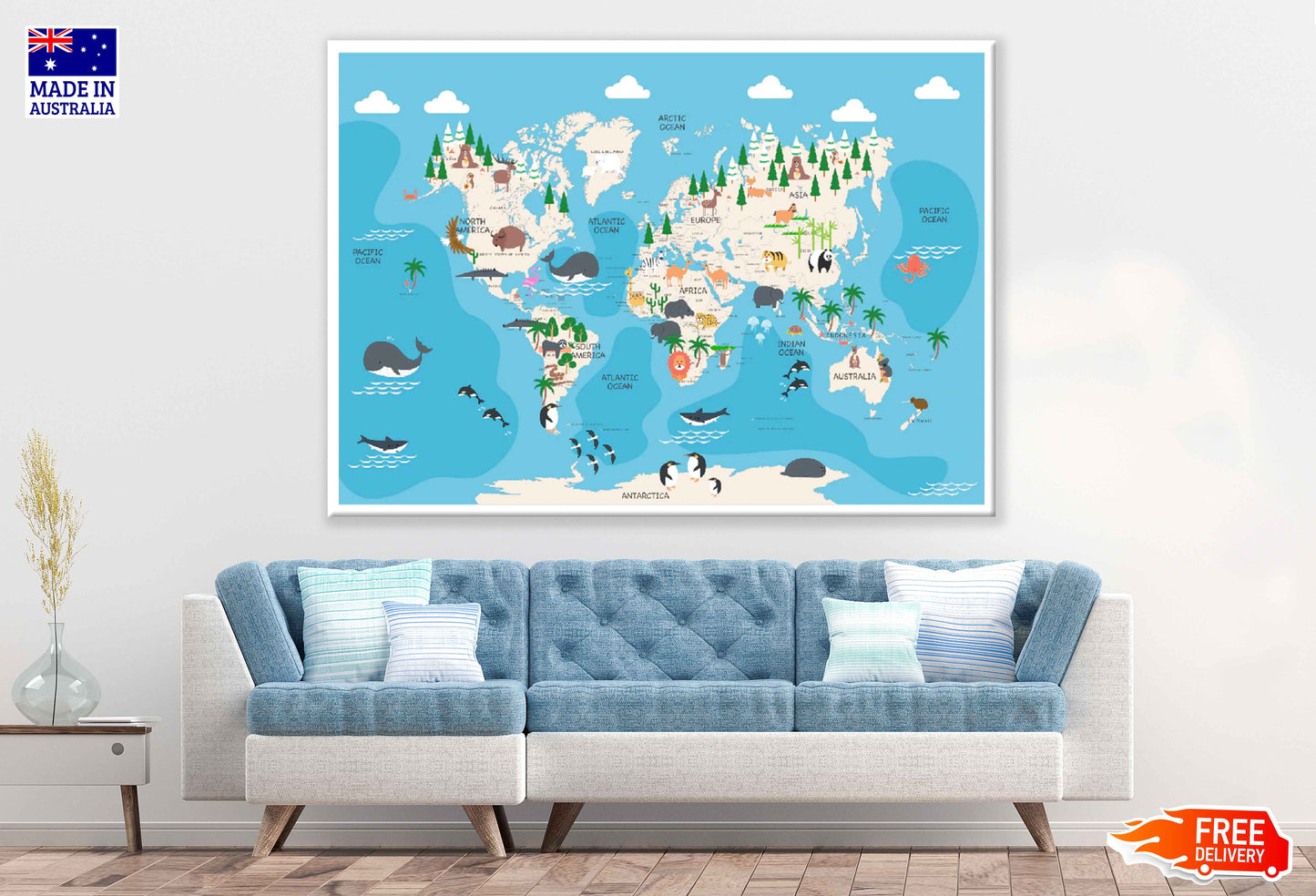 World Map with Animals Vector Art Print 100% Australian Made Stretched Canvas Ready to Hang - 2284