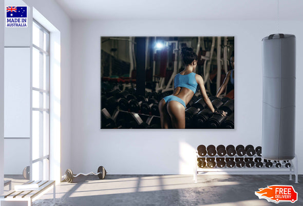 Girl Near Dumbells Row Posing Print 100% Australian Made Stretched Canvas Ready to Hang - 2185