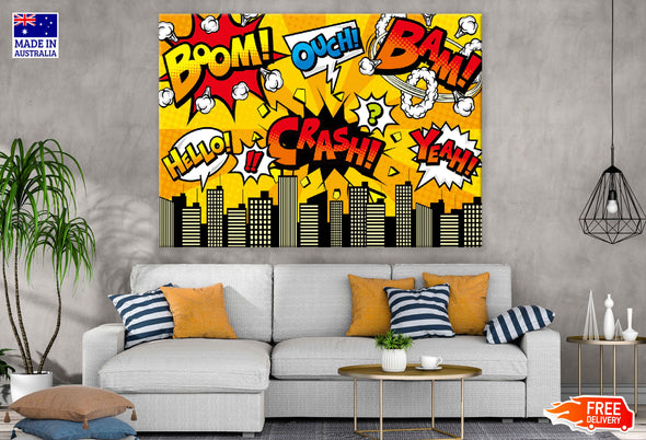 BOOM CRASH HELLO OUCH BAM YEAH Chat Bubbles Illustration Pop Arts & Comic Poster Print 100% Australian Made Stretched Canvas Ready to Hang - 2085