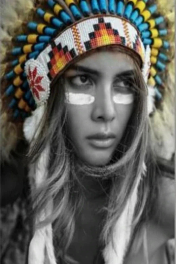 American Indain Girl with Headdress B&W Photograph Print 100% Australian Made Stretched Canvas Ready to Hang - 1958