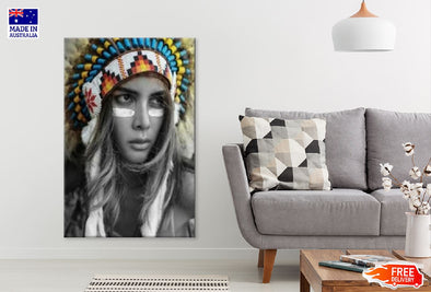 American Indain Girl with Headdress B&W Photograph Print 100% Australian Made Stretched Canvas Ready to Hang - 1958