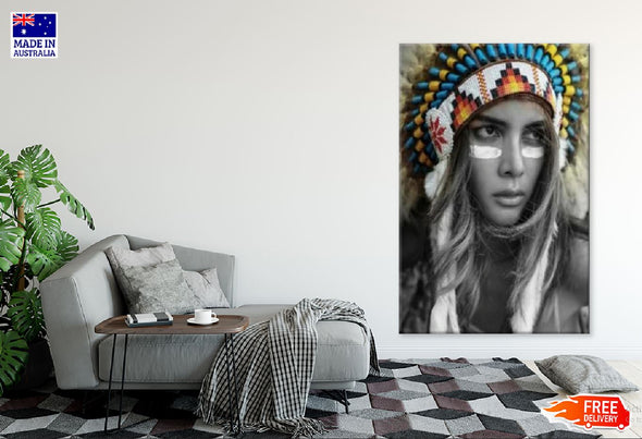 American Indain Girl with Headdress B&W Photograph Print 100% Australian Made Stretched Canvas Ready to Hang - 1958