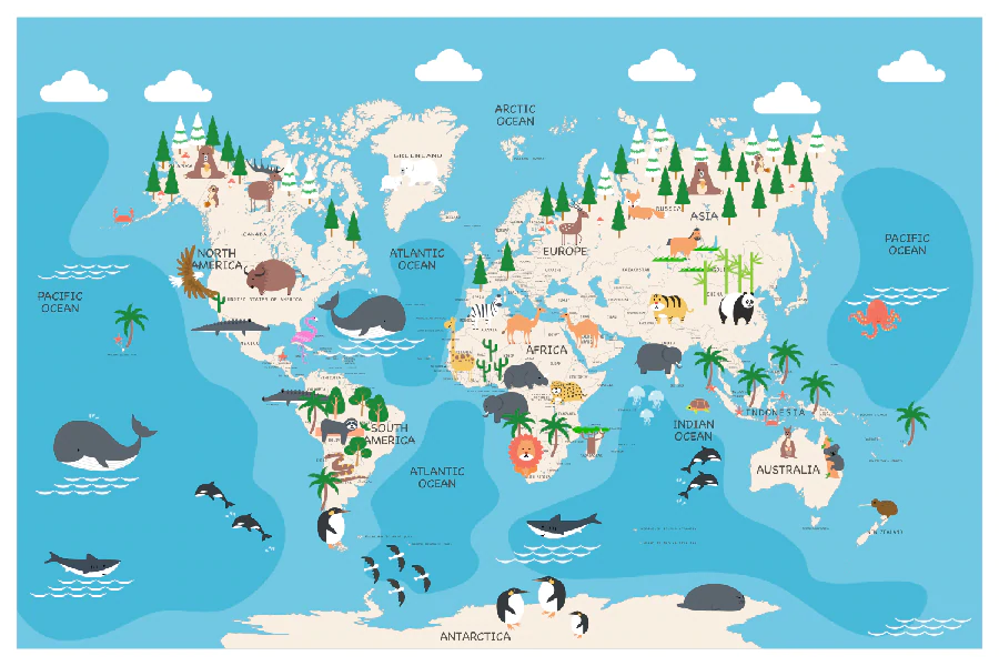 World Map with Animals Vector Art Print 100% Australian Made Stretched Canvas Ready to Hang - 2284