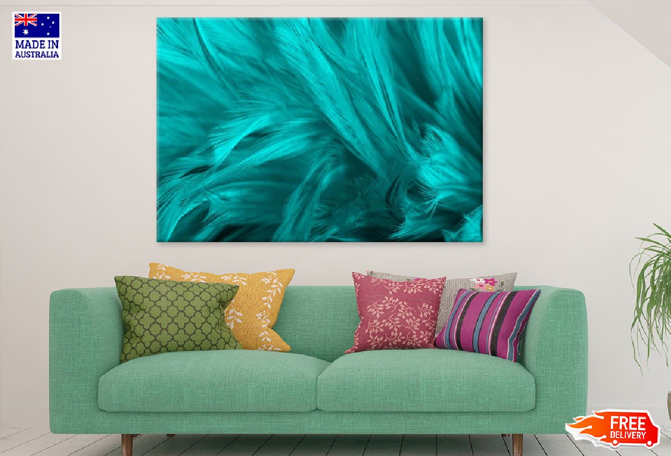 Abstract Green Feathers Design Print 100% Australian Made Stretched Canvas Ready to Hang - 1885