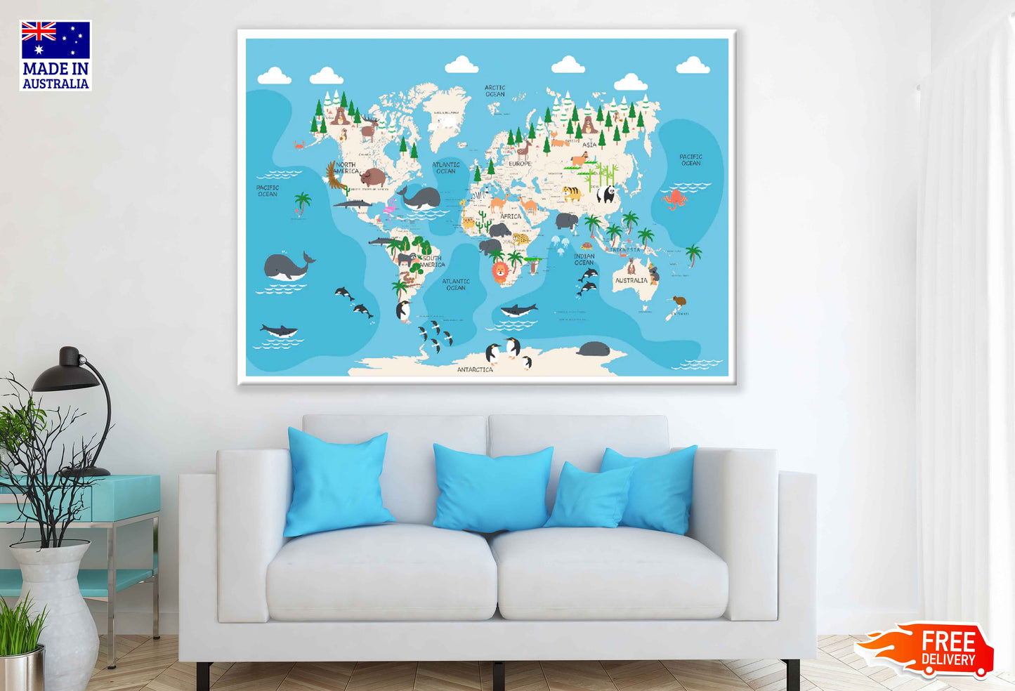 World Map with Animals Vector Art Print 100% Australian Made Stretched Canvas Ready to Hang - 2284