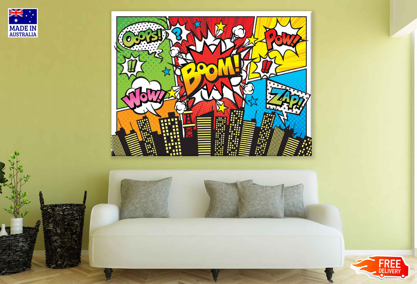 Oops WOW BOOM POW ZAP Quotes & City Illustration Pop Arts & Comic Poster Print 100% Australian Made Stretched Canvas Ready to Hang - 2157