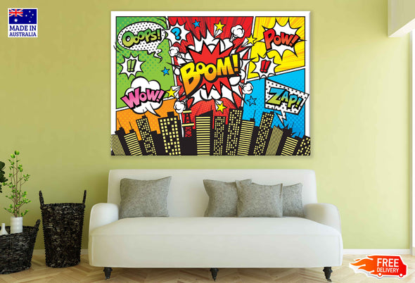 Oops WOW BOOM POW ZAP Quotes & City Illustration Pop Arts & Comic Poster Print 100% Australian Made Stretched Canvas Ready to Hang - 2157