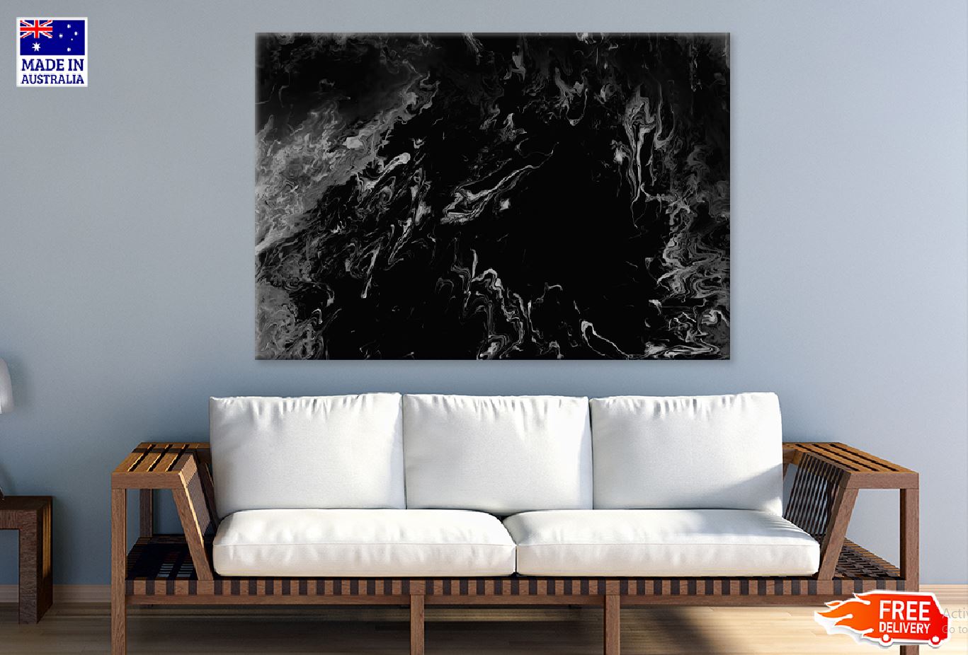 Grey Liquid on Black Abstract Art Design Print 100% Australian Made Stretched Canvas Ready to Hang - 1132