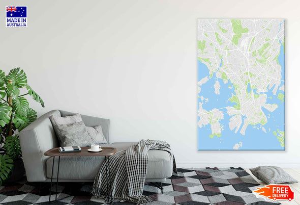 Helsinki City Finland Map Color detailed Print 100% Australian Made Stretched Canvas Ready to Hang - 2312