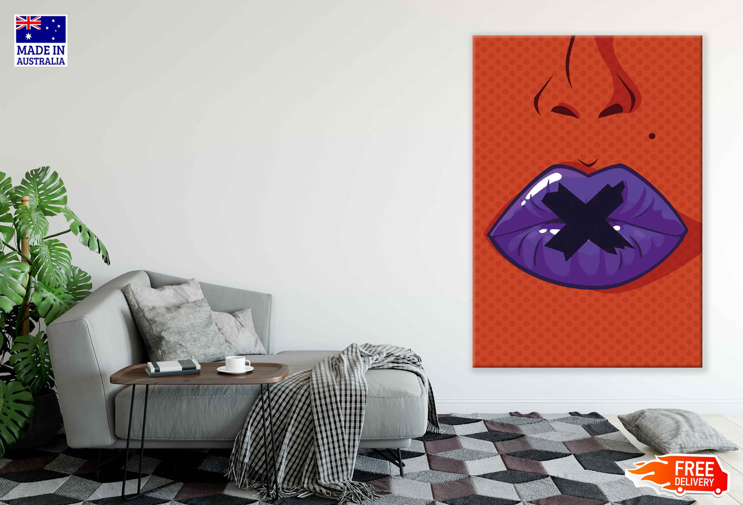 Purple Lips Closeup Illustration Pop Arts & Comic Poster Print 100% Australian Made Stretched Canvas Ready to Hang - 2114