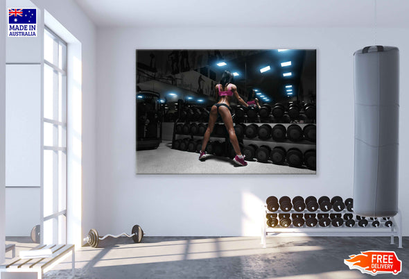 Girl Near Dumbell Stand Posing Print 100% Australian Made Stretched Canvas Ready to Hang - 2214