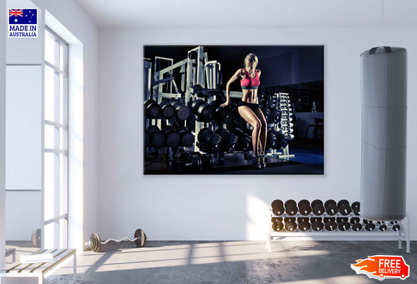 Girl & Dumbell Row in Gym Photograph Print 100% Australian Made Stretched Canvas Ready to Hang - 2271