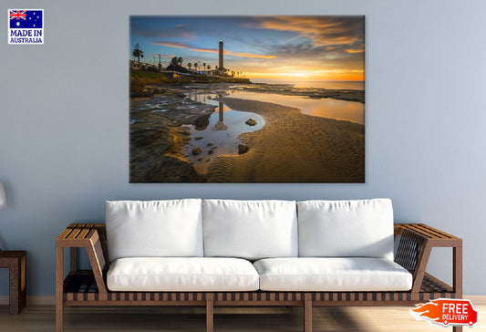 Seascape with Lighthouse Sunset Print 100% Australian Made Stretched Canvas Ready to Hang - 1034