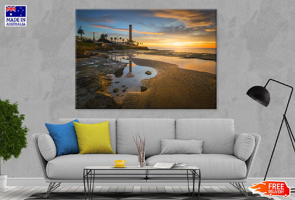 Seascape with Lighthouse Sunset Print 100% Australian Made Stretched Canvas Ready to Hang - 1034