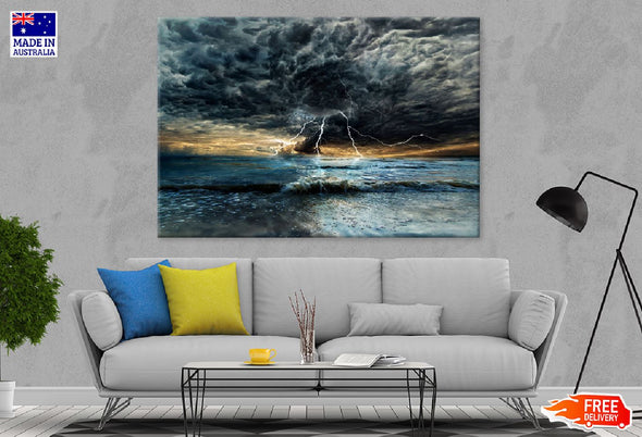 Thunderstorm & Lightning Sea View Print 100% Australian Made Stretched Canvas Ready to Hang - 1382