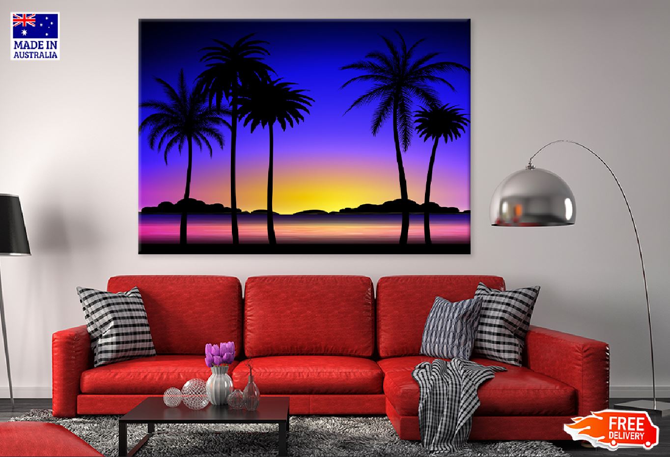 Palm Trees on Sunset Vector Art Print 100% Australian Made Stretched Canvas Ready to Hang - 1712