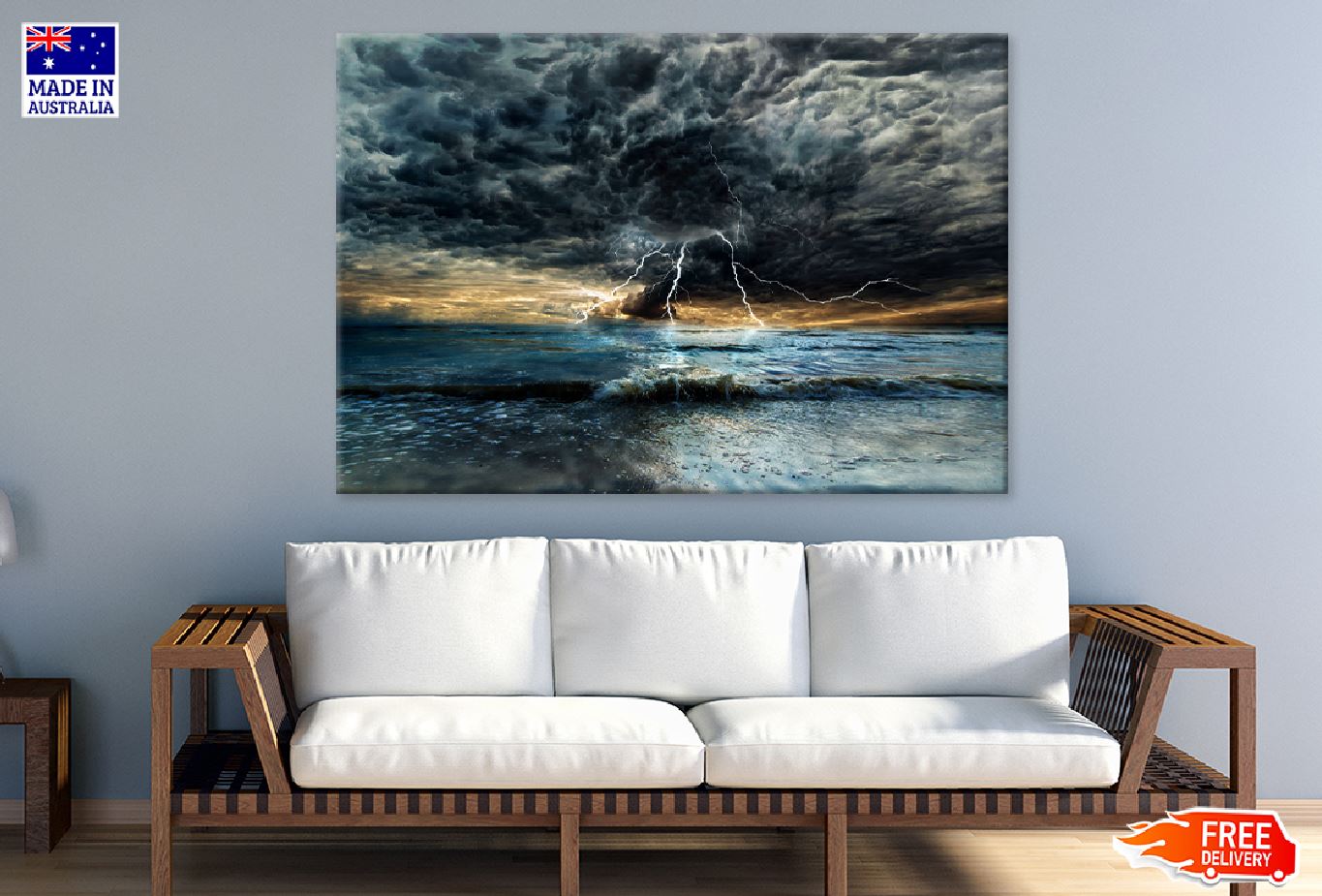 Thunderstorm & Lightning Sea View Print 100% Australian Made Stretched Canvas Ready to Hang - 1382