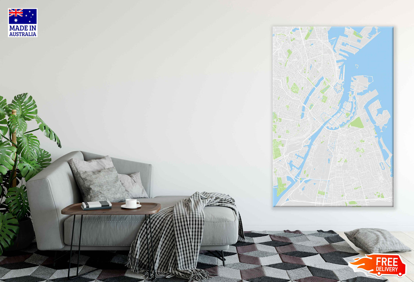 Denmark City Downtown Vector Map Copenhagen Print 100% Australian Made Stretched Canvas Ready to Hang - 2314