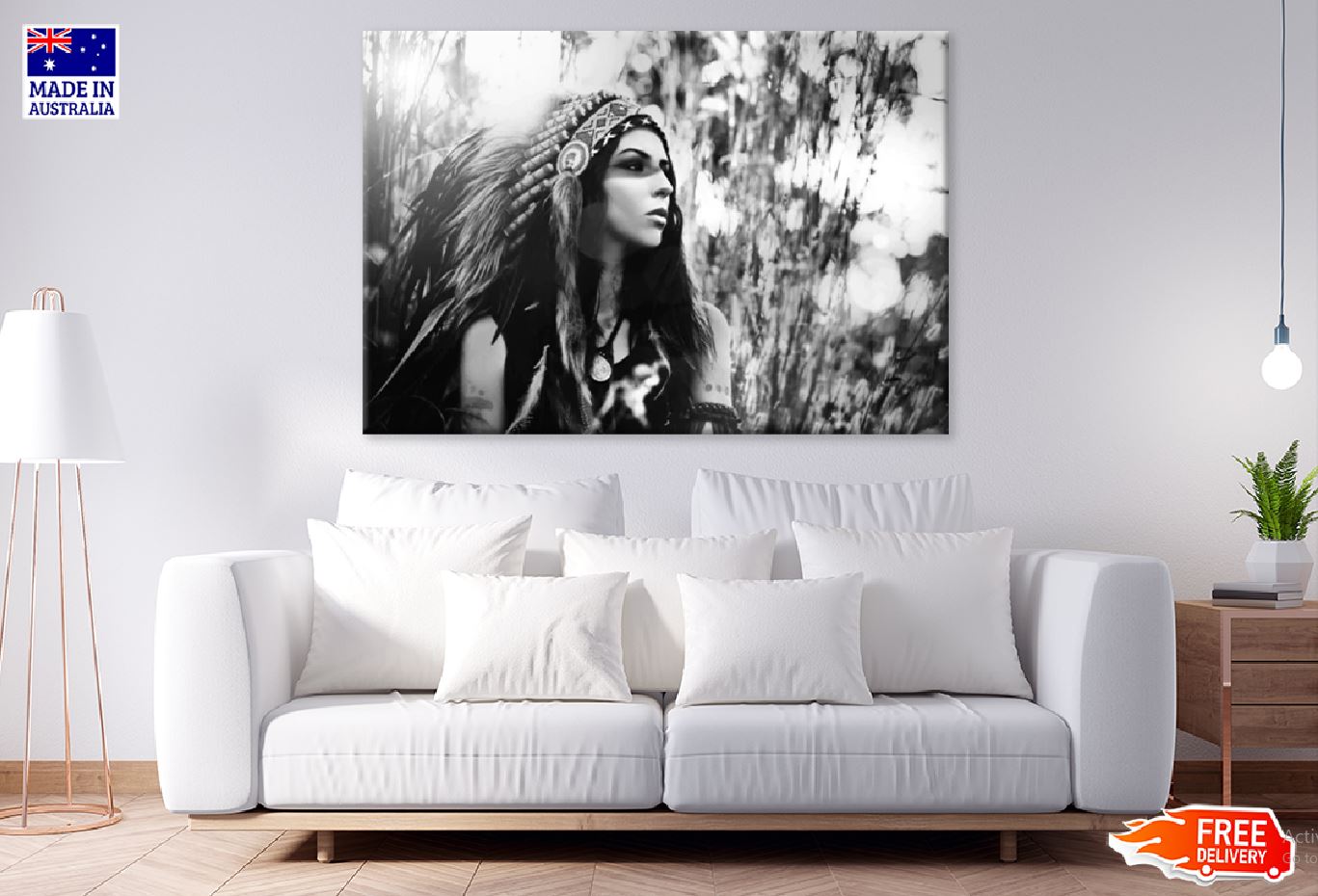 Indian Native Girl with Feather Headdress B&W Photograph Print 100% Australian Made Stretched Canvas Ready to Hang - 1916