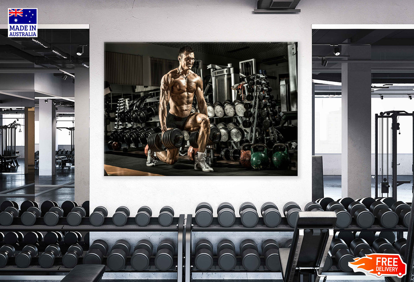 Muscular Athlete Workout with Weights in Gym Print 100% Australian Made Stretched Canvas Ready to Hang - 2216