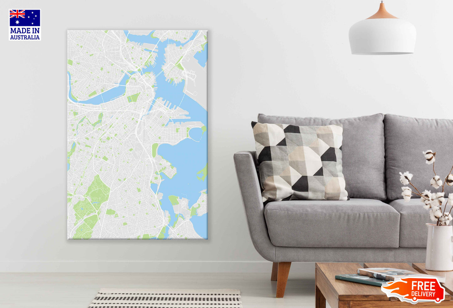 Boston City Massachusetts Map Color Detailed Vector Print 100% Australian Made Stretched Canvas Ready to Hang - 2315