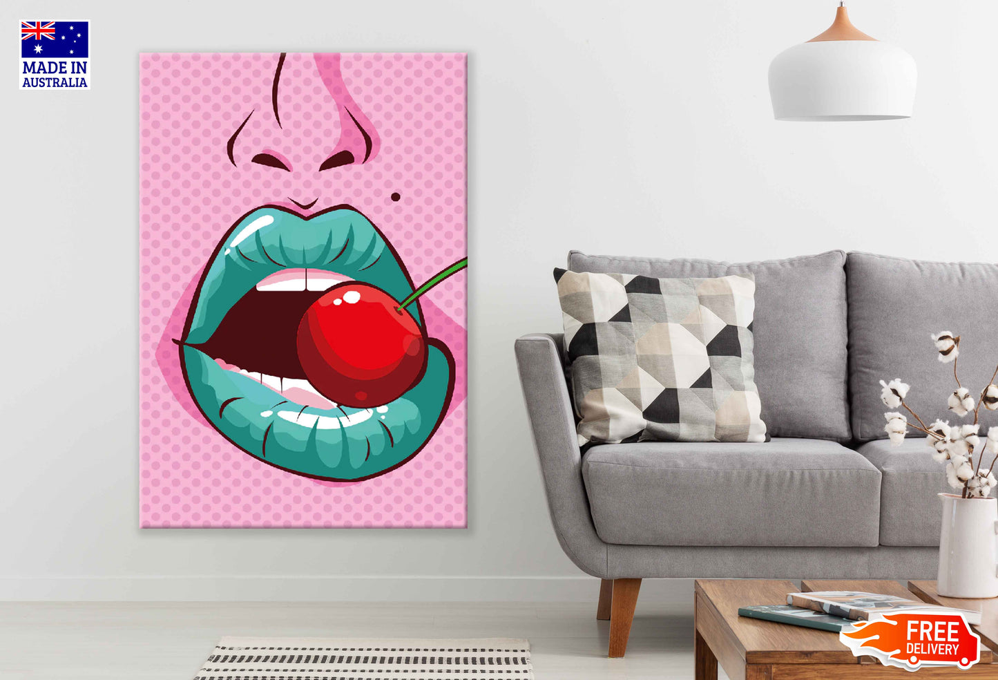 Girl Biting a Cherry Illustration Pop Arts & Comic Poster Print 100% Australian Made Stretched Canvas Ready to Hang - 2116