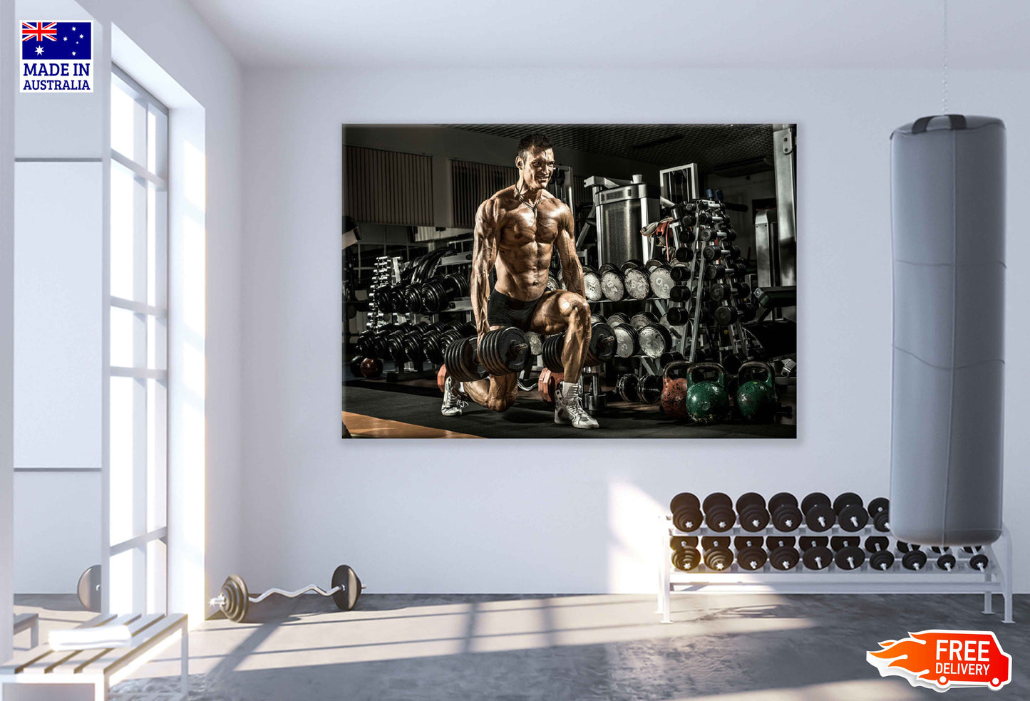 Muscular Athlete Workout with Weights in Gym Print 100% Australian Made Stretched Canvas Ready to Hang - 2216