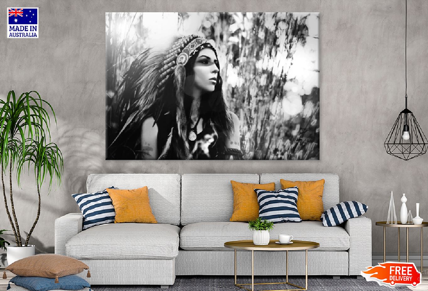 Indian Native Girl with Feather Headdress B&W Photograph Print 100% Australian Made Stretched Canvas Ready to Hang - 1916