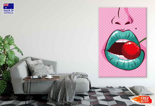 Girl Biting a Cherry Illustration Pop Arts & Comic Poster Print 100% Australian Made Stretched Canvas Ready to Hang - 2116