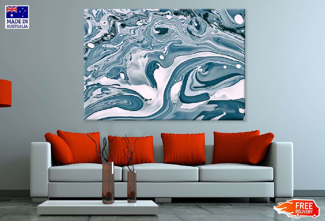 Blue Silver Marble Ink Abstract Design Print 100% Australian Made Stretched Canvas Ready to Hang - 1135