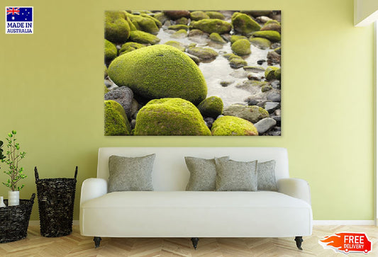 Rocks Covered with Moss River Print 100% Australian Made Stretched Canvas Ready to Hang - 1036