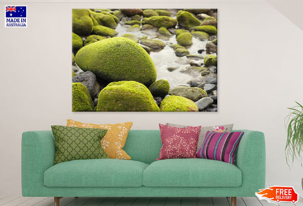 Rocks Covered with Moss River Print 100% Australian Made Stretched Canvas Ready to Hang - 1036