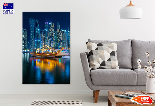 Dubai Marina Wooden Boat Night Print 100% Australian Made Stretched Canvas Ready to Hang - 1485