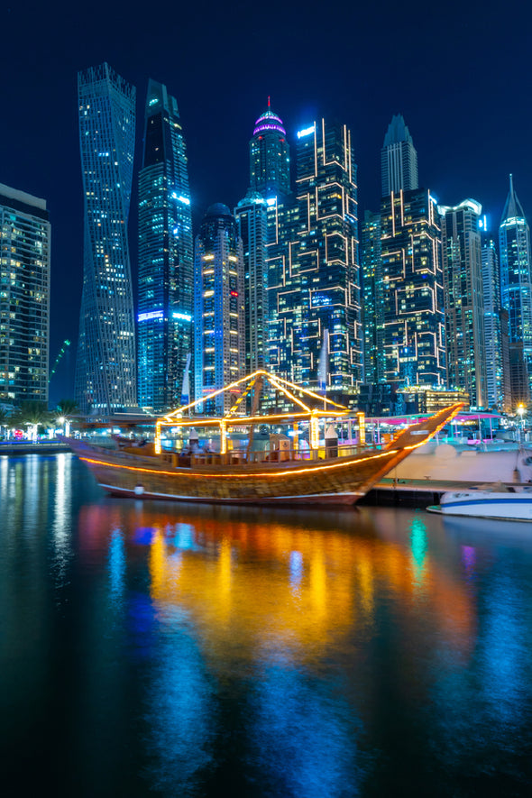 Dubai Marina Wooden Boat Night Print 100% Australian Made Stretched Canvas Ready to Hang - 1485