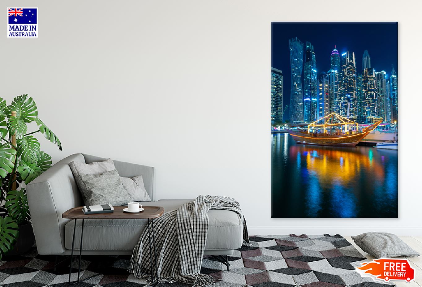 Dubai Marina Wooden Boat Night Print 100% Australian Made Stretched Canvas Ready to Hang - 1485