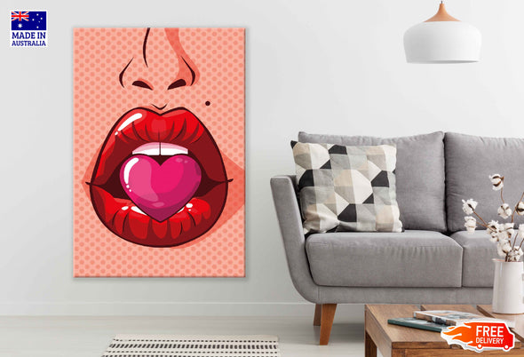 Girl Biting a Heart Shape Illustration Pop Arts & Comic Poster Print 100% Australian Made Stretched Canvas Ready to Hang - 2118