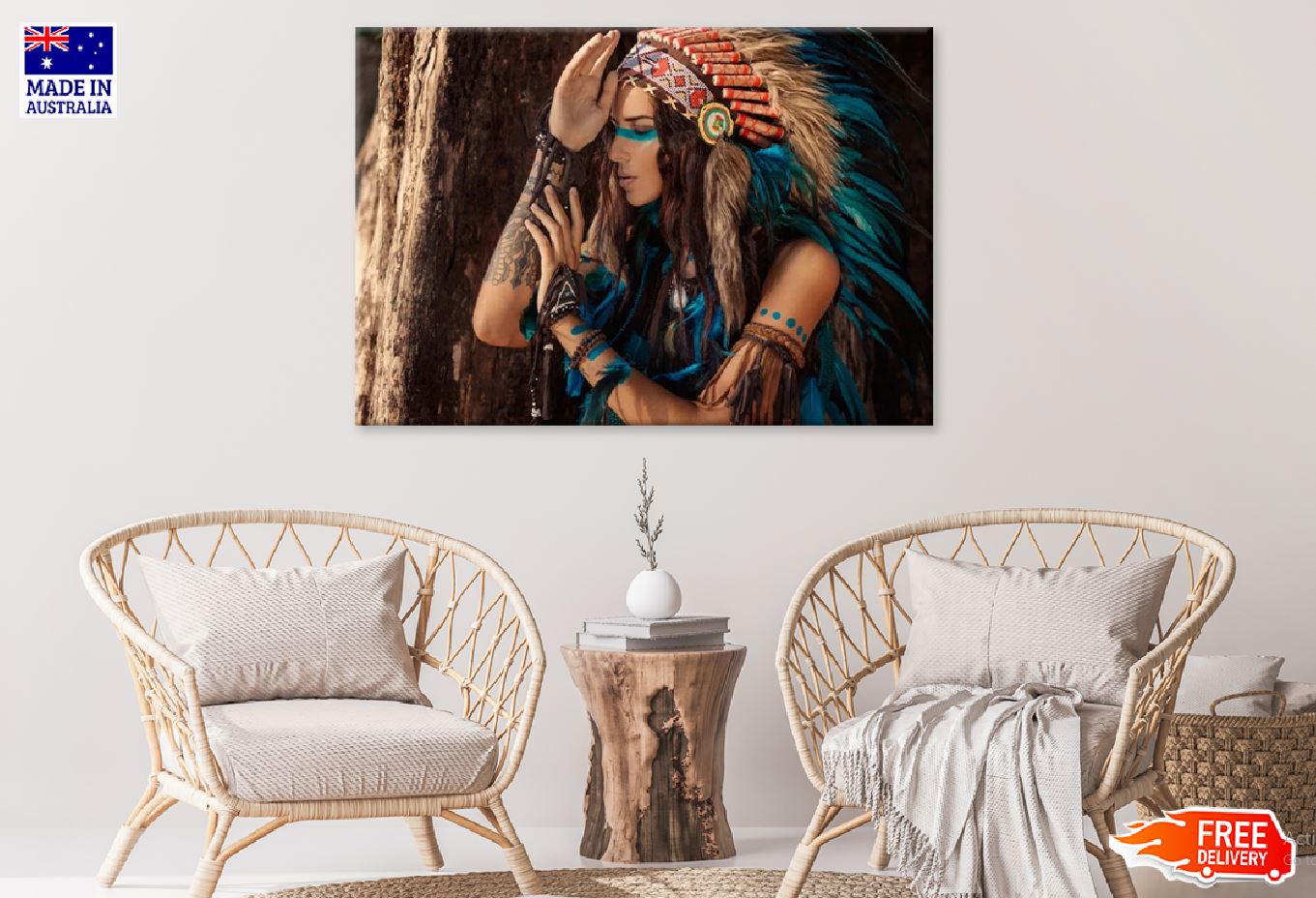 Indian Girl with Feather Headdress Photograph  Print 100% Australian Made Stretched Canvas Ready to Hang - 1918