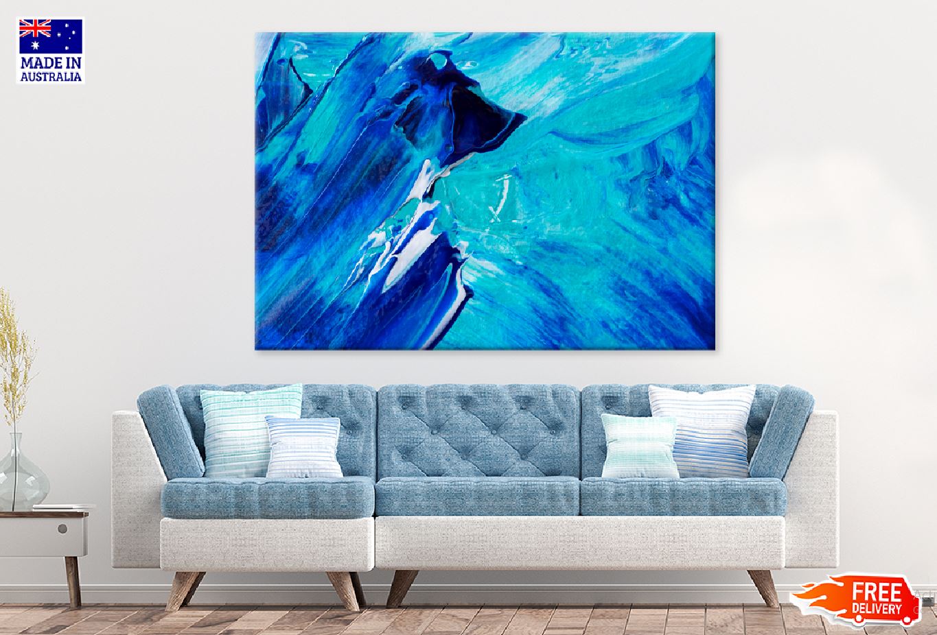 Blue & Dark Blue Abstract Paint Design Print 100% Australian Made Stretched Canvas Ready to Hang - 1137