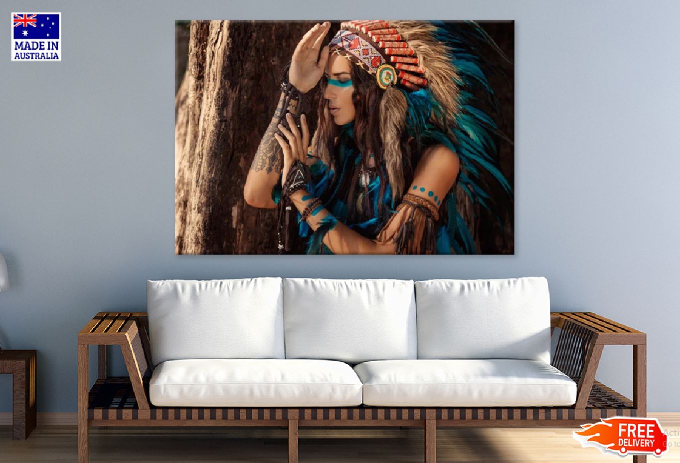 Indian Girl with Feather Headdress Photograph  Print 100% Australian Made Stretched Canvas Ready to Hang - 1918