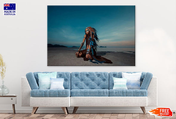 Girl with Headdress & Sky Photograph Print 100% Australian Made Stretched Canvas Ready to Hang - 1919