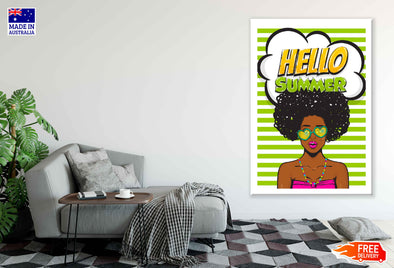 Hello Summer Chat Bubble & African Girl Illustration Pop Arts & Comic Poster Print 100% Australian Made Stretched Canvas Ready to Hang - 2119