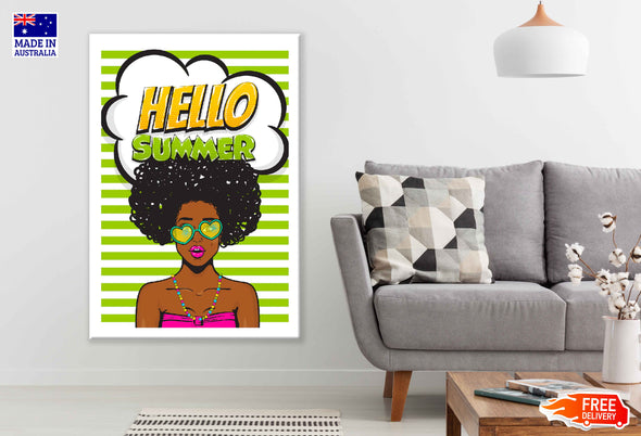 Hello Summer Chat Bubble & African Girl Illustration Pop Arts & Comic Poster Print 100% Australian Made Stretched Canvas Ready to Hang - 2119