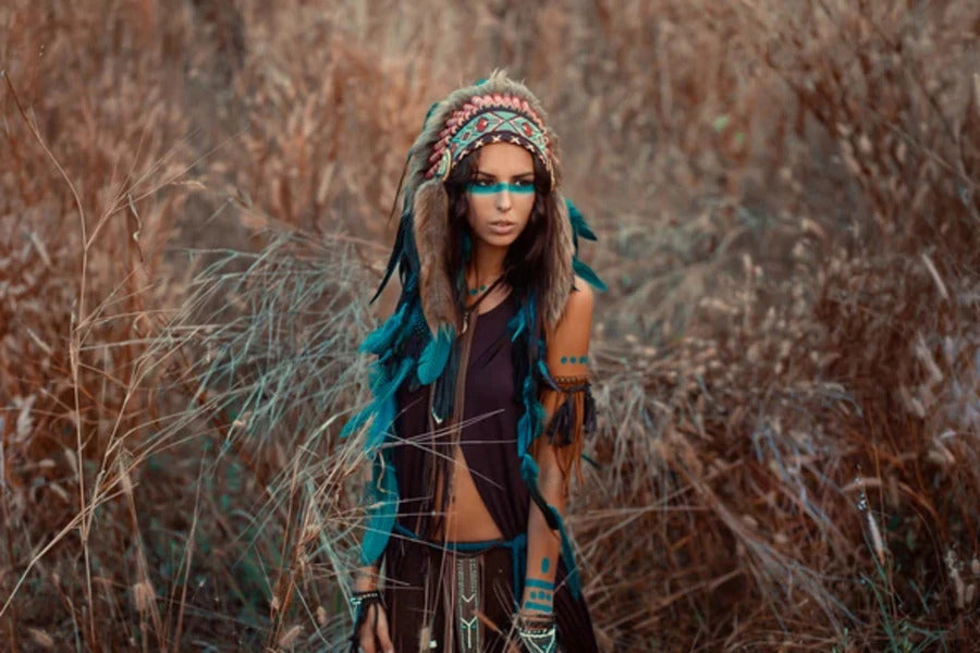 Native Girl with Feather Headdress Photograph Print 100% Australian Made Stretched Canvas Ready to Hang - 1920