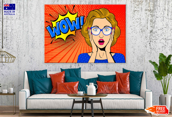 Girl with Glasses & WOW Quote Illustration Pop Arts & Comic Poster Print 100% Australian Made Stretched Canvas Ready to Hang - 2120