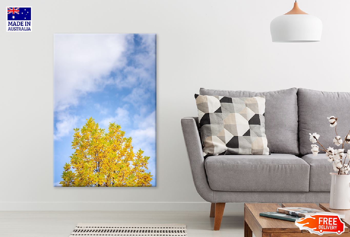 Yellow Autumn Tree Blue Sky View Print 100% Australian Made Stretched Canvas Ready to Hang - 1717