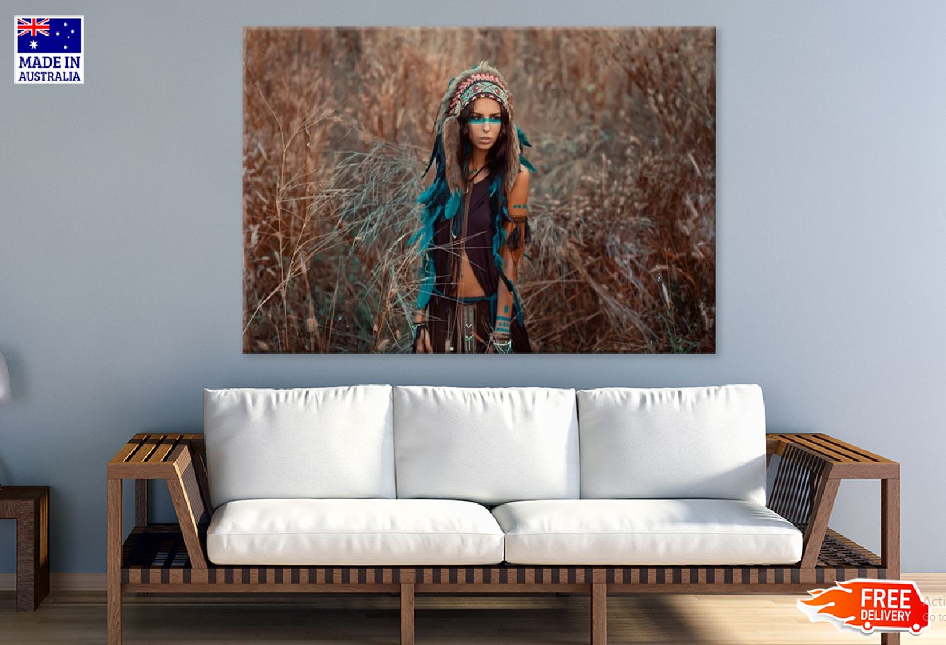 Native Girl with Feather Headdress Photograph Print 100% Australian Made Stretched Canvas Ready to Hang - 1920