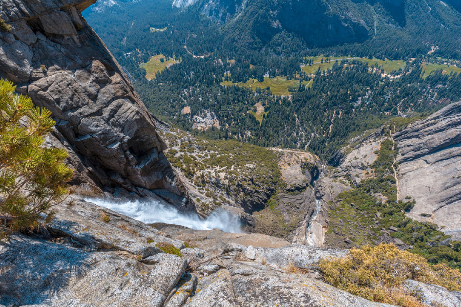 Waterfall Down Cliff Yosemite Print 100% Australian Made Stretched Canvas Ready to Hang - 1040